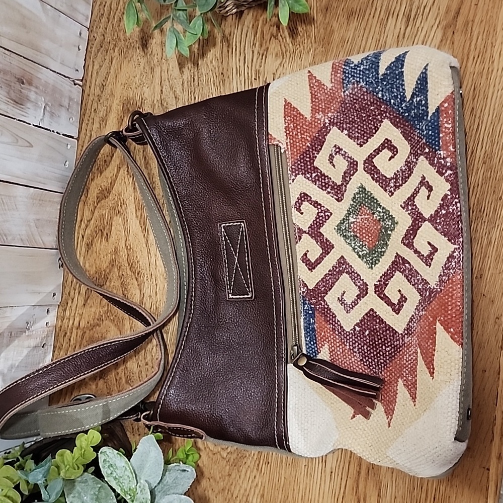 Myra Red Velvet Carpet, Canvas & Leather Shoulder Bag-Pocket on Front & …
